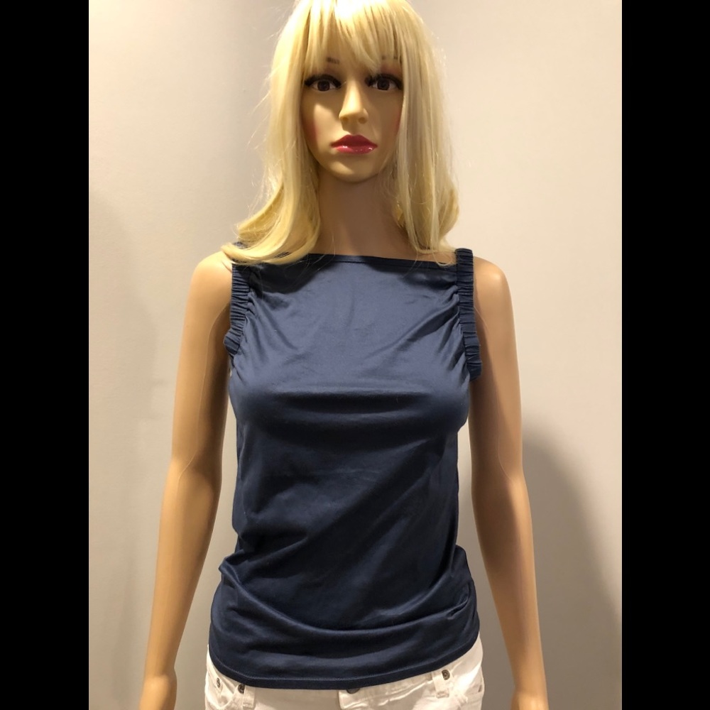 DKNY blue knit tank with ruched straps